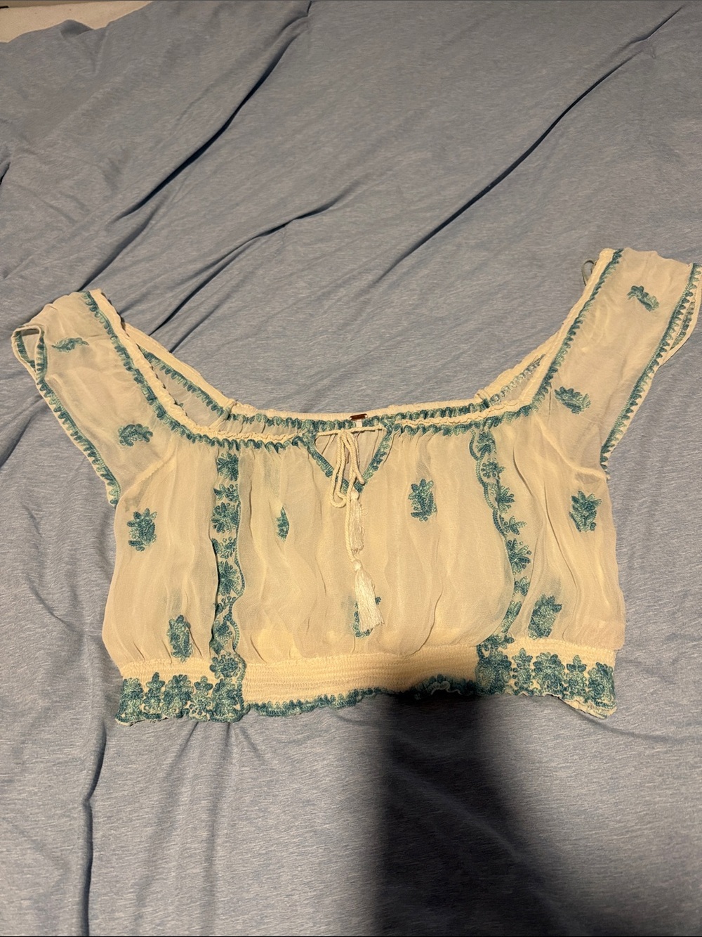 Free People Sheer Embroidered Off-Shoulder Crop Top in Cream and Teal